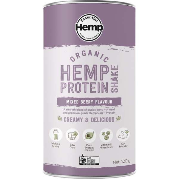 essential hemp protein shake mixed berry front 420g