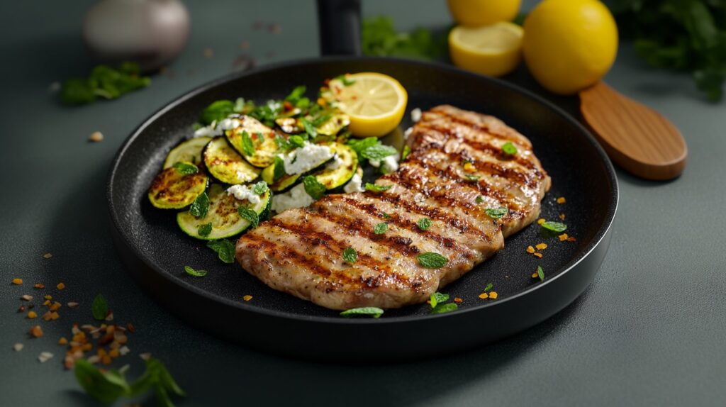 Grilled steak with zucchini and lemon on plate