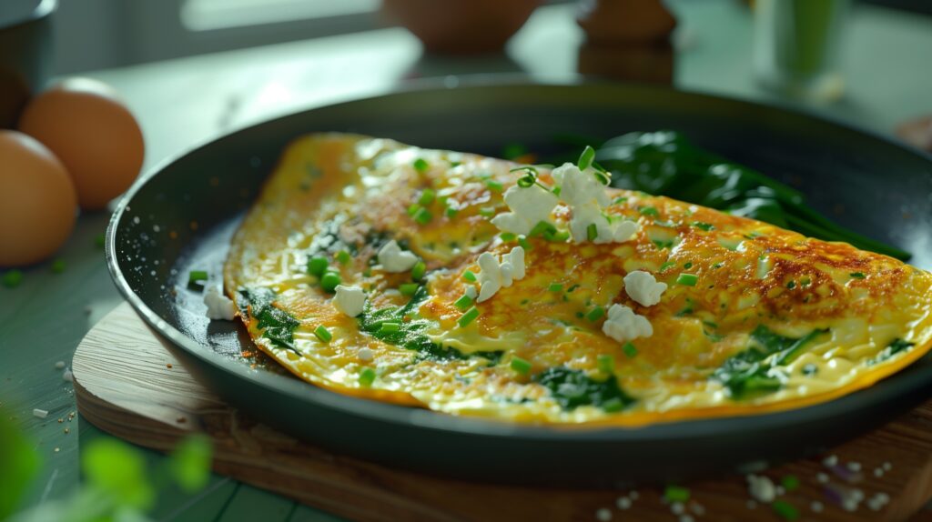 Spinach and feta omelette in a pan