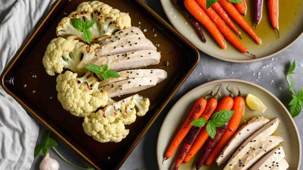 Grilled chicken, cauliflower, and carrots on plates.