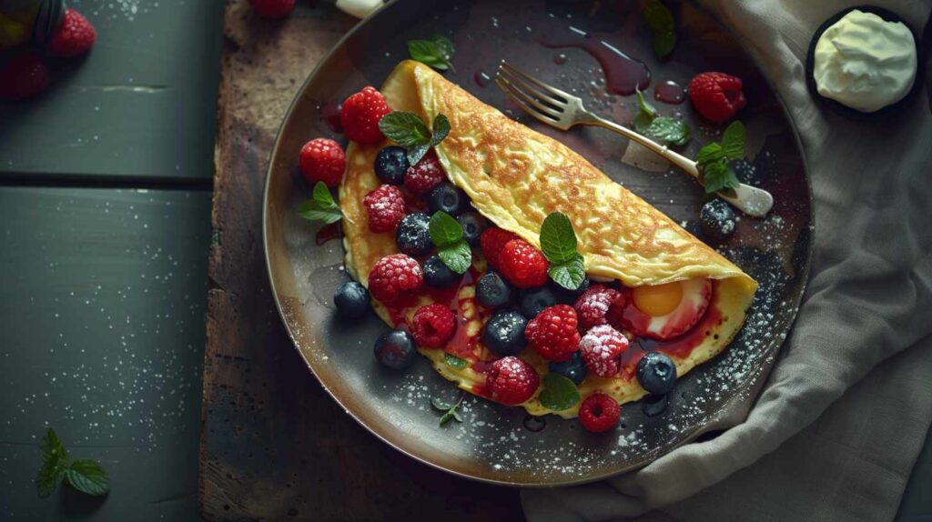 Pancake with mixed berries and mint on plate.