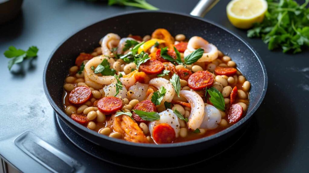 Pan of chorizo and beans with garnish