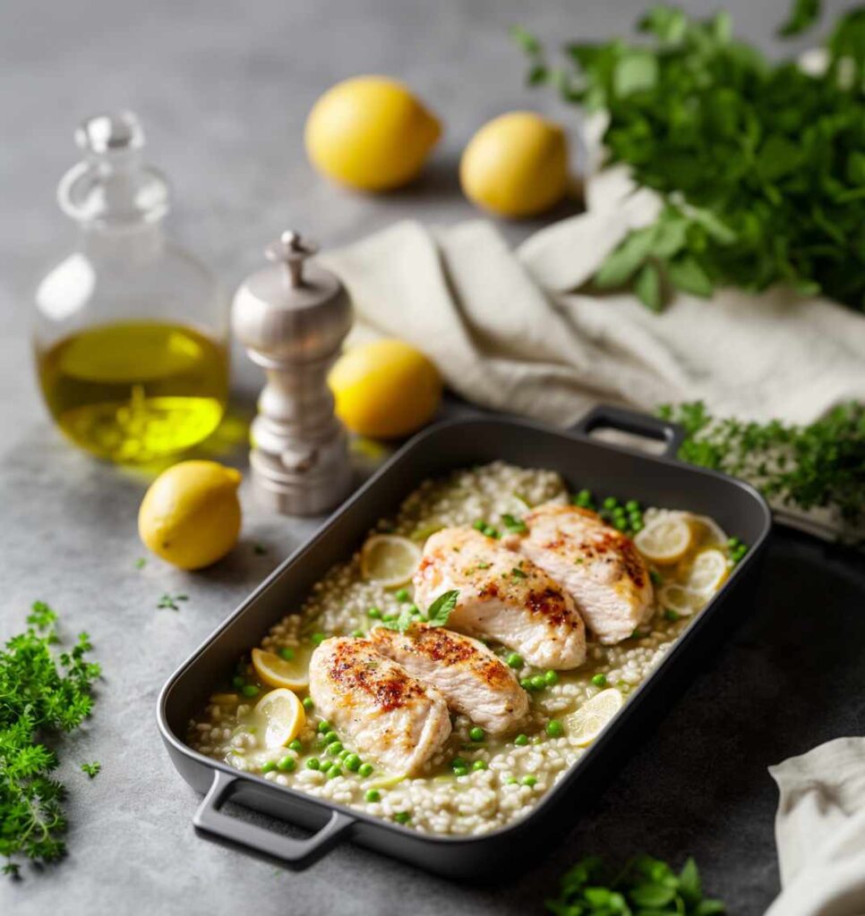 Lemon chicken in a pan with rice and peas