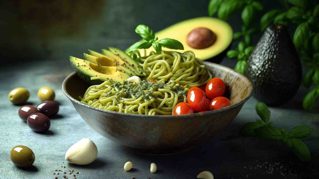 Healthy avocado and noodle salad bowl.