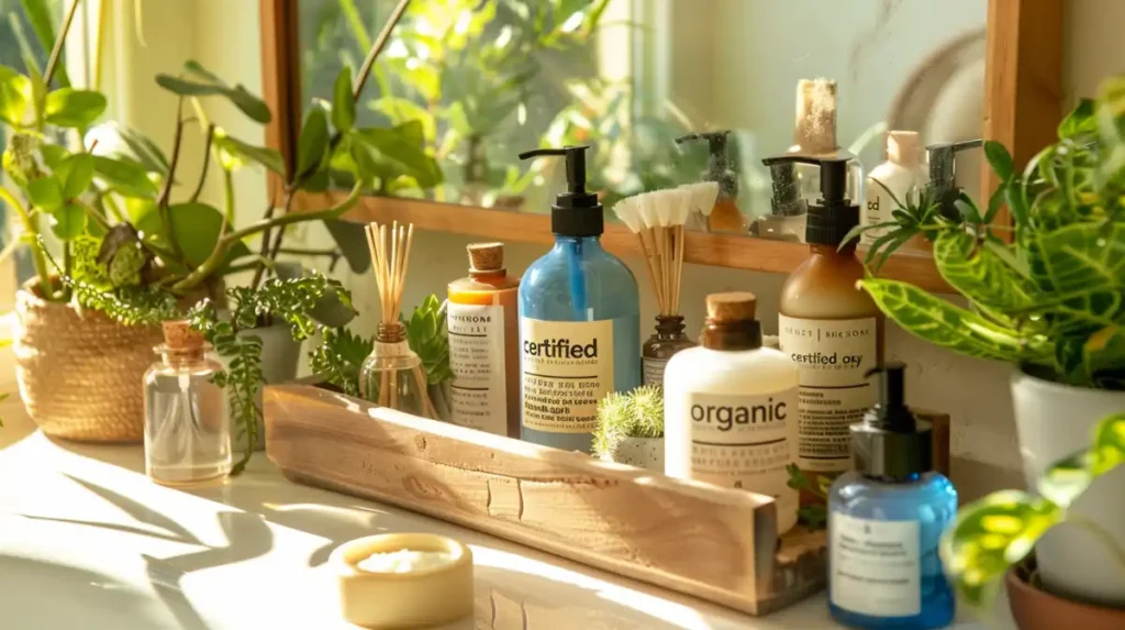 Natural skincare products on bathroom counter with plants.