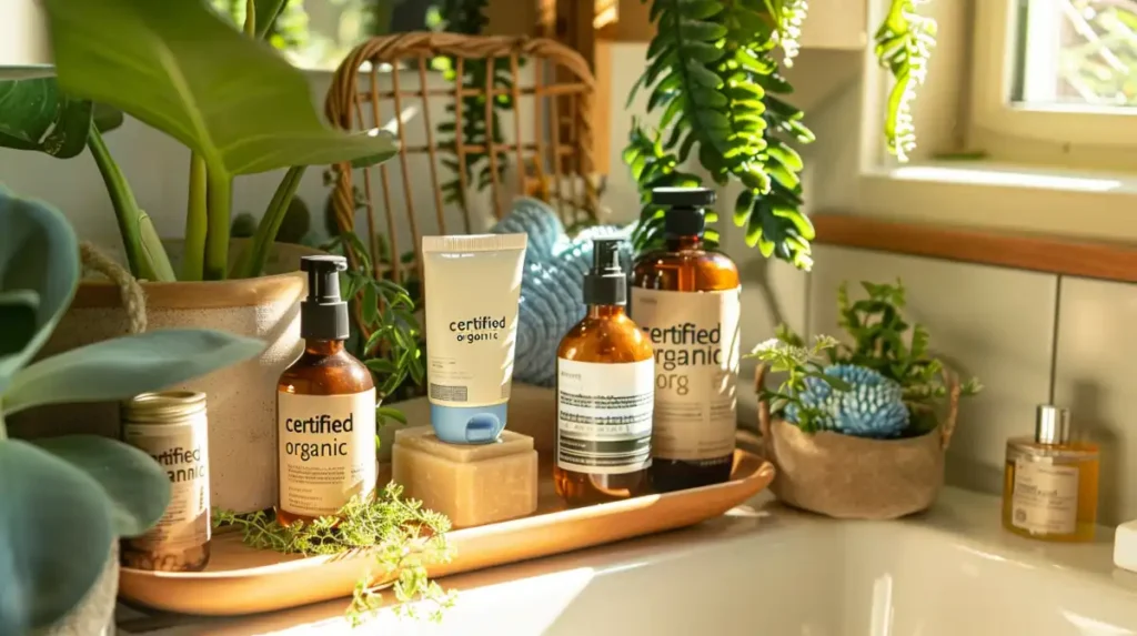 Certified organic skincare products on a bathroom sink.