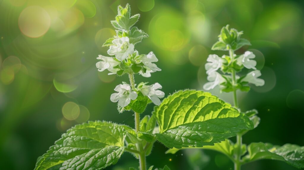 Close-up of catnip plant with white flowers.