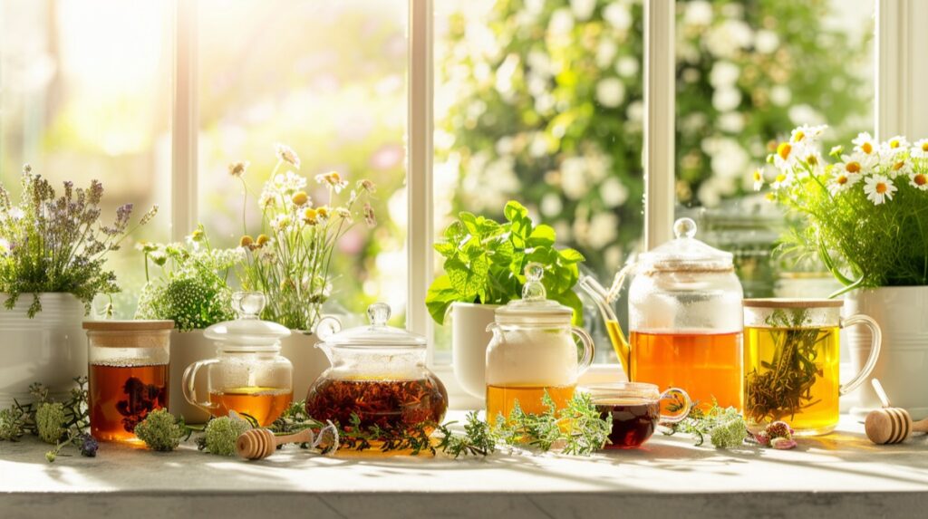 Herbal teas and plants on sunny windowsill