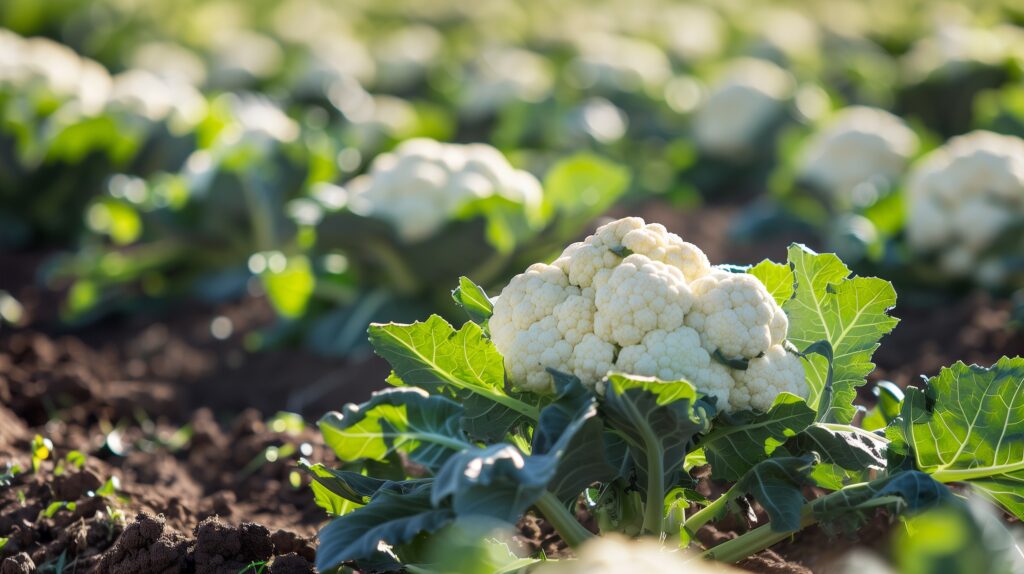 Cauliflower growing in a vegetable garden