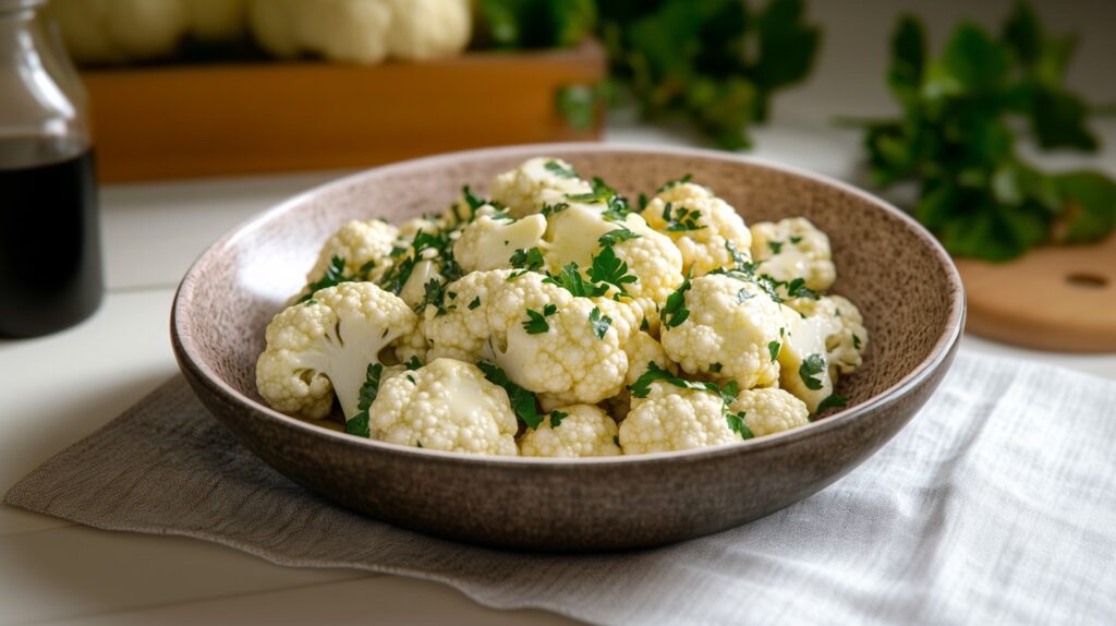 Bowl of buttery cauliflower with parsley.