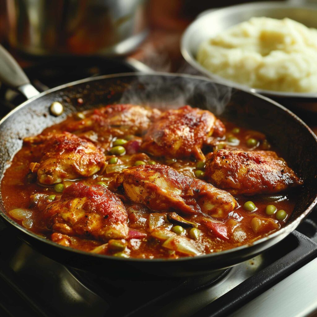 Delicious chicken stew cooking on stove.