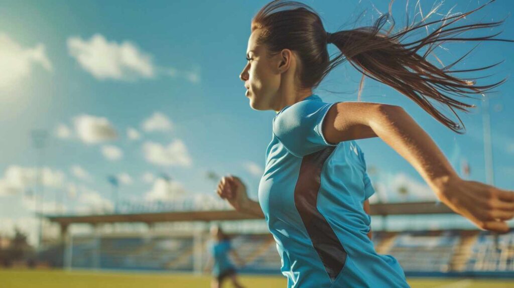 Woman running on a soccer field