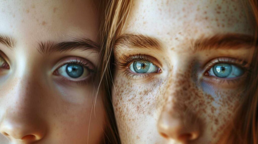 Close-up of two blue-eyed faces.