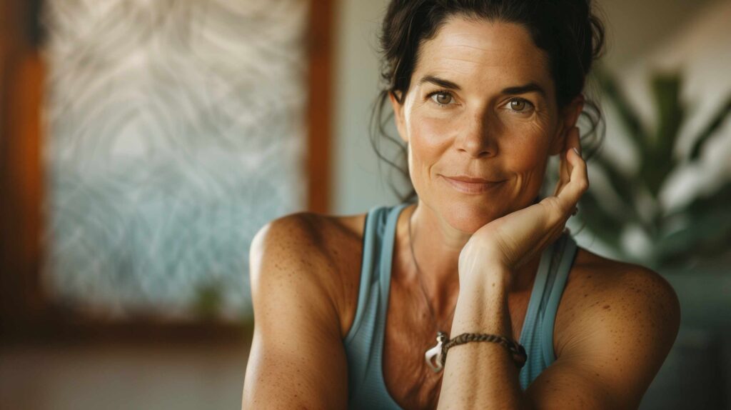 Woman in blue top, smiling relaxed.