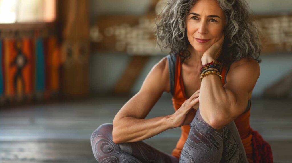 Woman in yoga pose indoors.