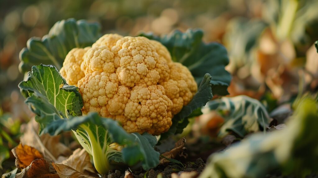 Orange cauliflower growing in a garden.