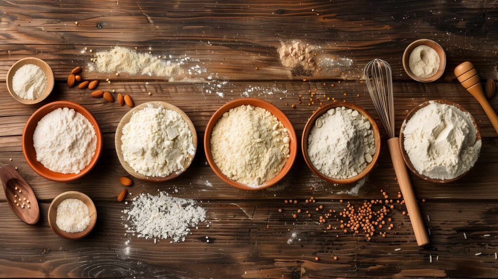 Various flours in bowls on wooden table