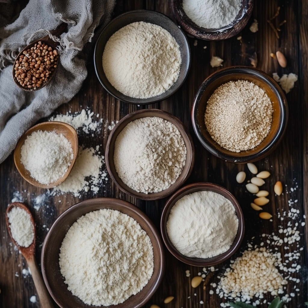 Different types of flour in bowls.