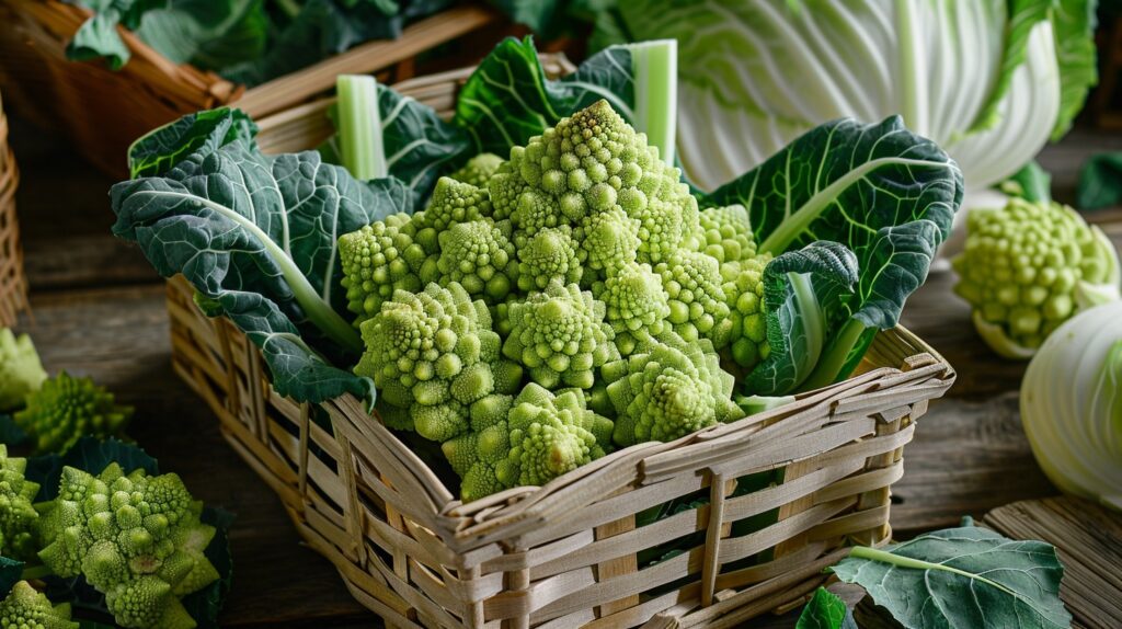 Fresh Romanesco broccoli in a wicker basket