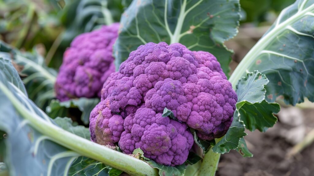 Purple cauliflower growing in a garden