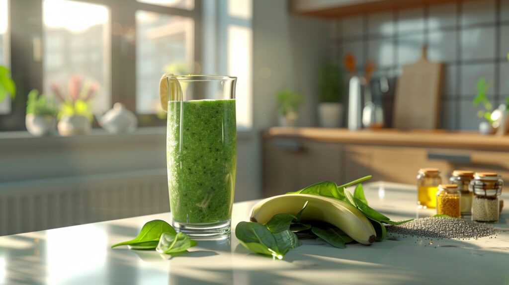 Healthy green smoothie with banana and spinach.