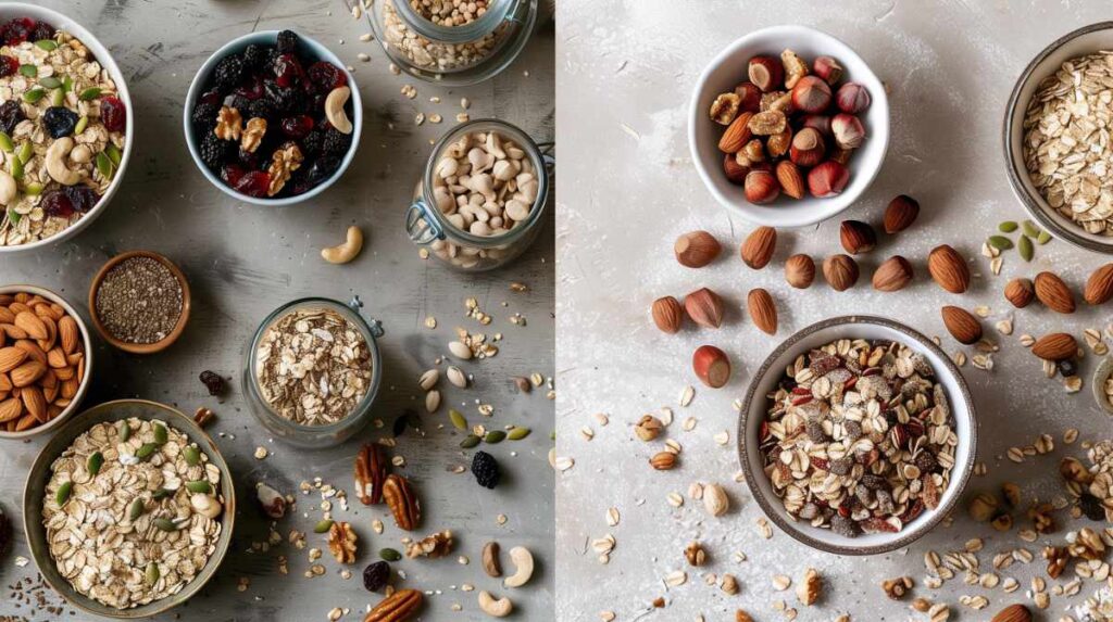 Mixed nuts and seeds in bowls