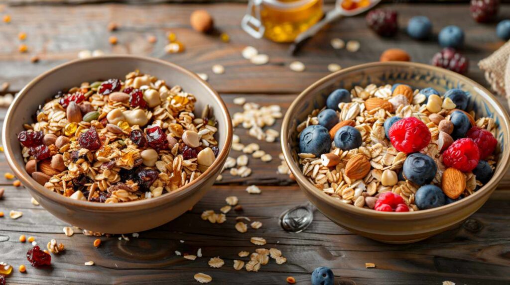 Two bowls of granola with berries and nuts.