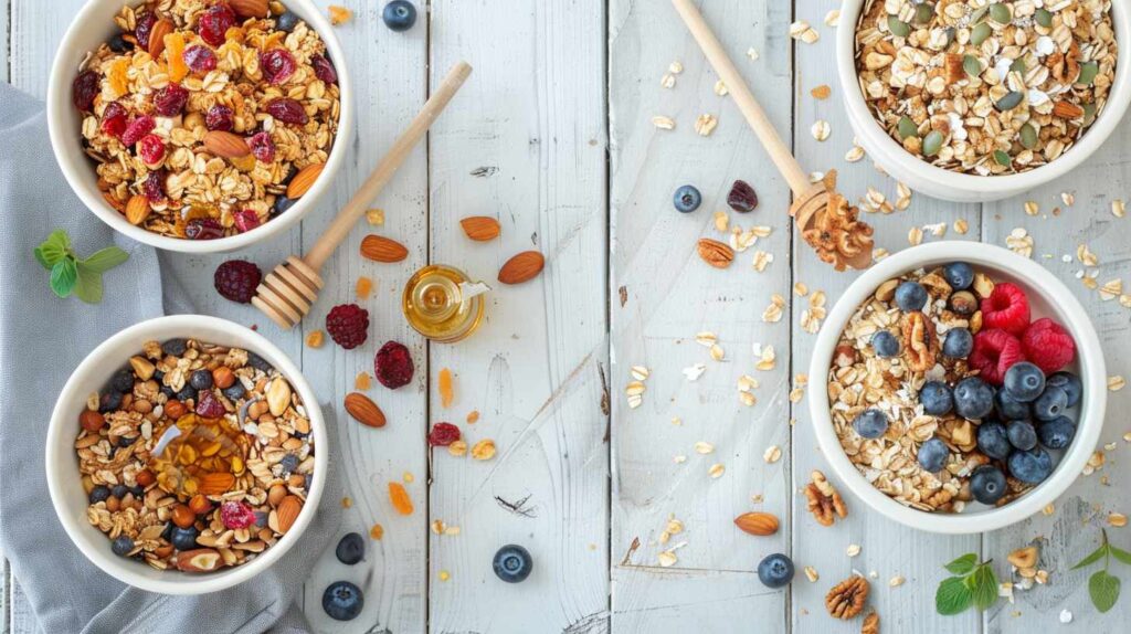 Bowls of granola with nuts, fruit, and honey.