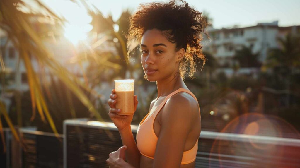 Woman in sportswear drinking smoothie outside.