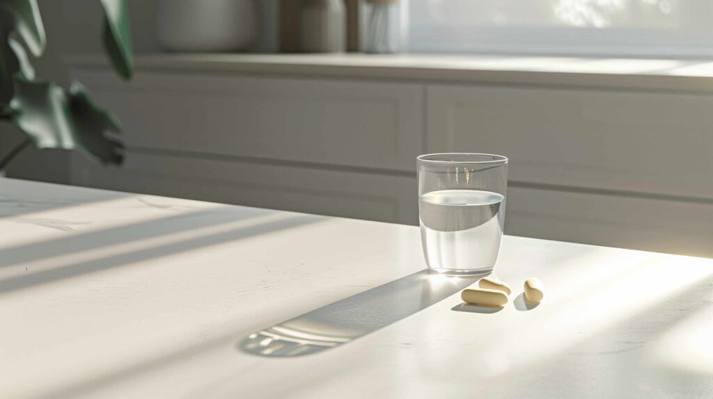 Glass of water and medication on table