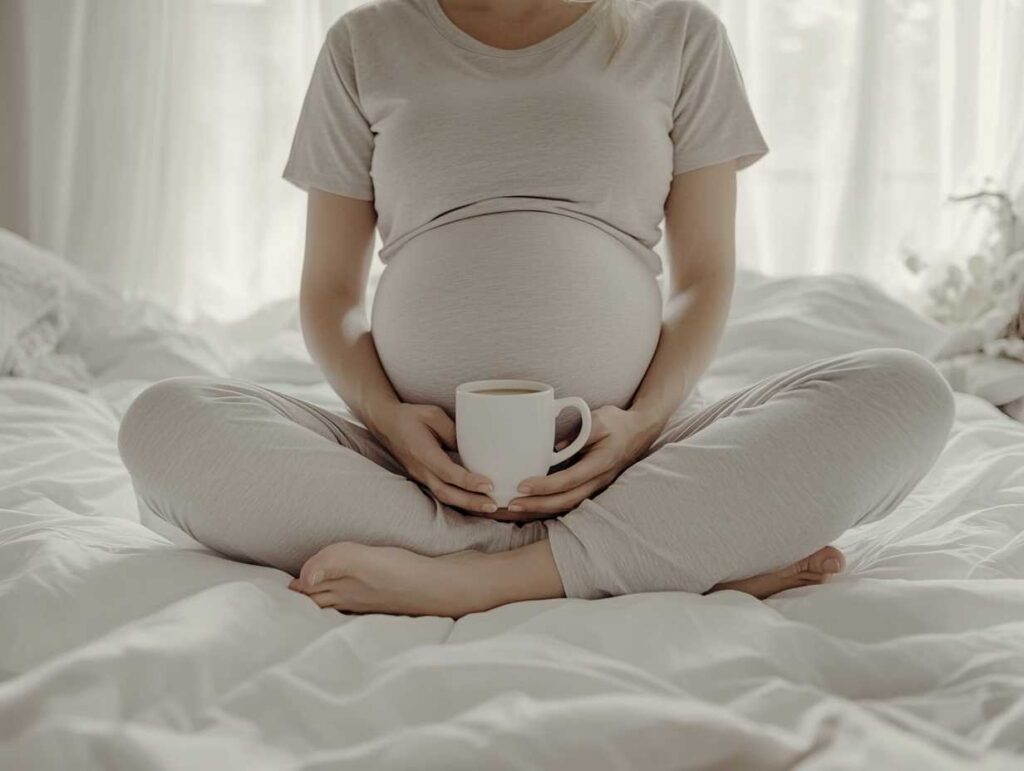 Pregnant woman sitting with coffee cup on bed.