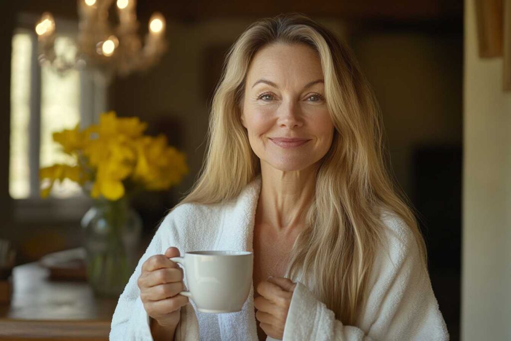 Woman in robe holding a coffee cup, smiling.