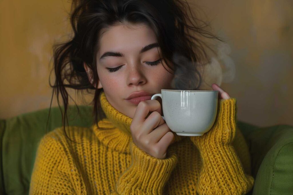 Woman in yellow sweater enjoying hot drink.