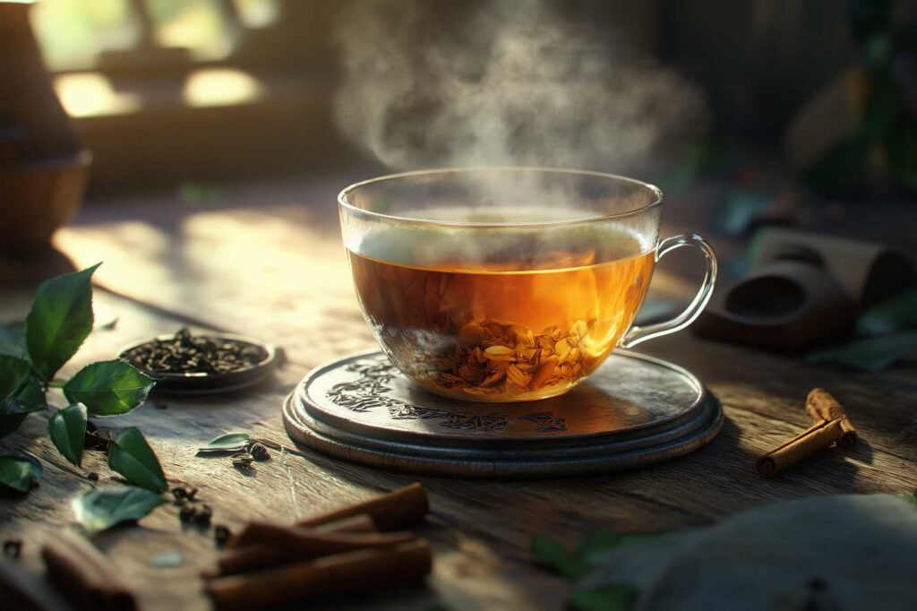 Steaming cup of herbal tea on wooden table.